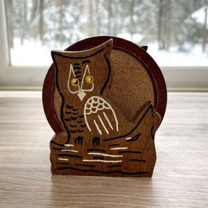 Vintage Owl Coaster Holder And Coaster Set Of 5 MCM
